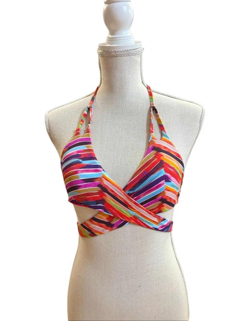 Malia Swimwear Women's Multi Color Stripe Wrap Bikini Top Size Large